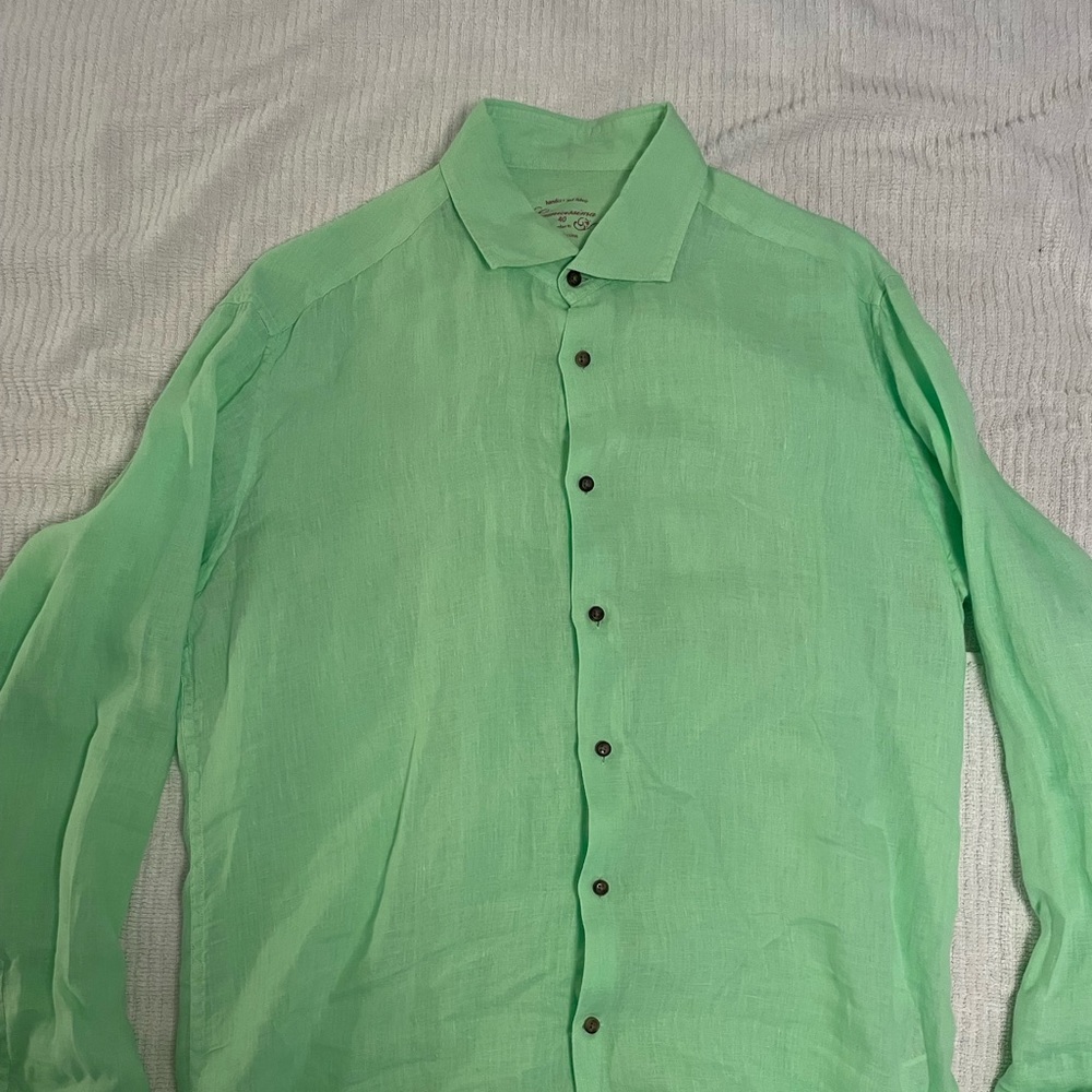 CAMICISSIMA Men's Light Green 100% Linen Italian Dress Button-Down Shirt 40